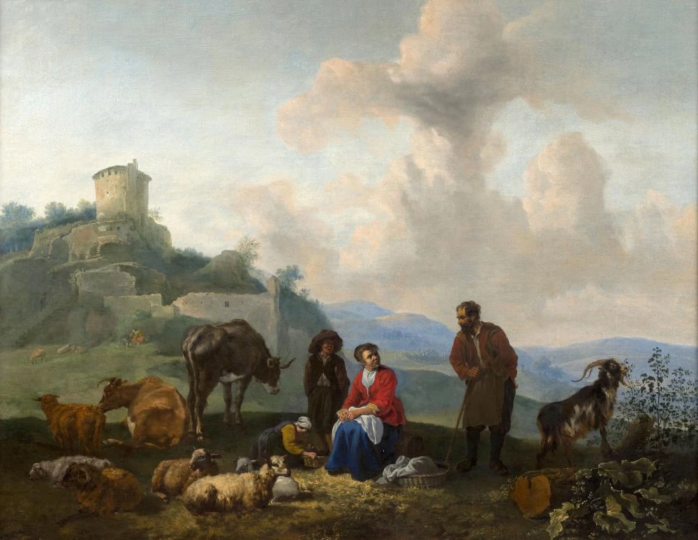 Famiglia di pastori ai piedi delle rovine